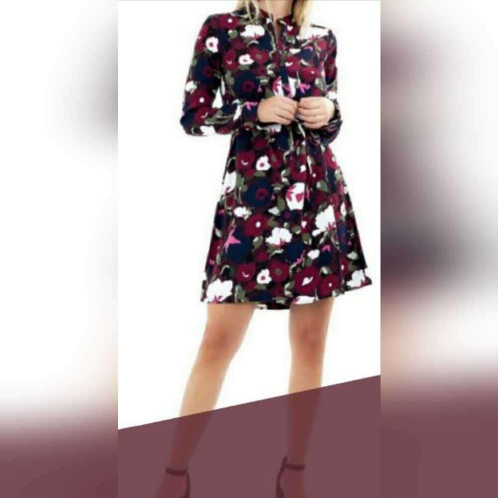 Merona Burgundy Floral Long Sleeve Tie-Waist Dress